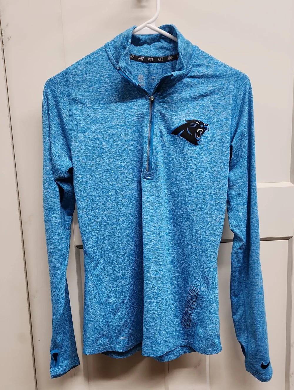 Nike Dri-Fit Women's Carolina Panthers Heathered Light Blue Quarter-Zip Pullover